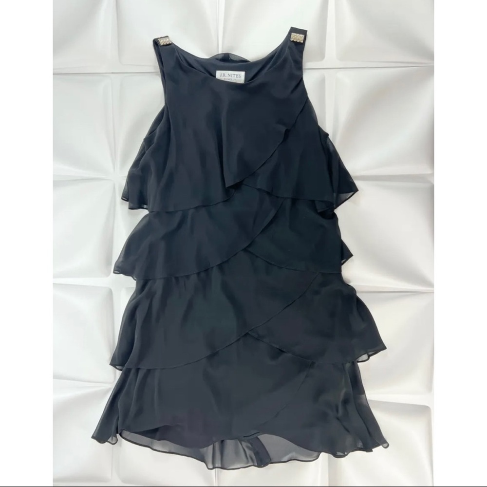 JR Nites Carol Lin Sz 14 Black Chiffon Tiered Ruffled Sheath Shift Formal Dress